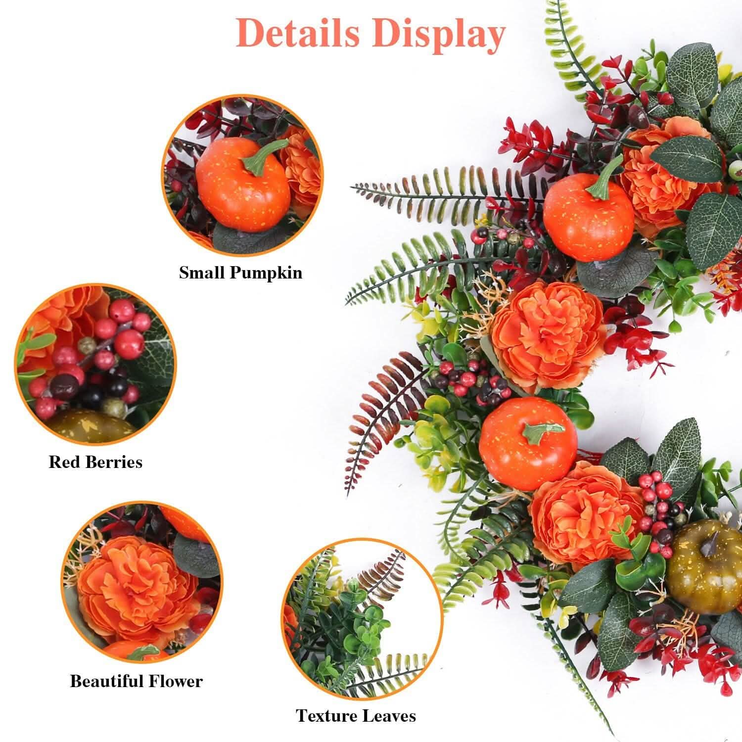 Autumn Wreath with Pumpkin Mixed Leaves Berries Flower Fall Holiday Decor & Apparel - DailySale