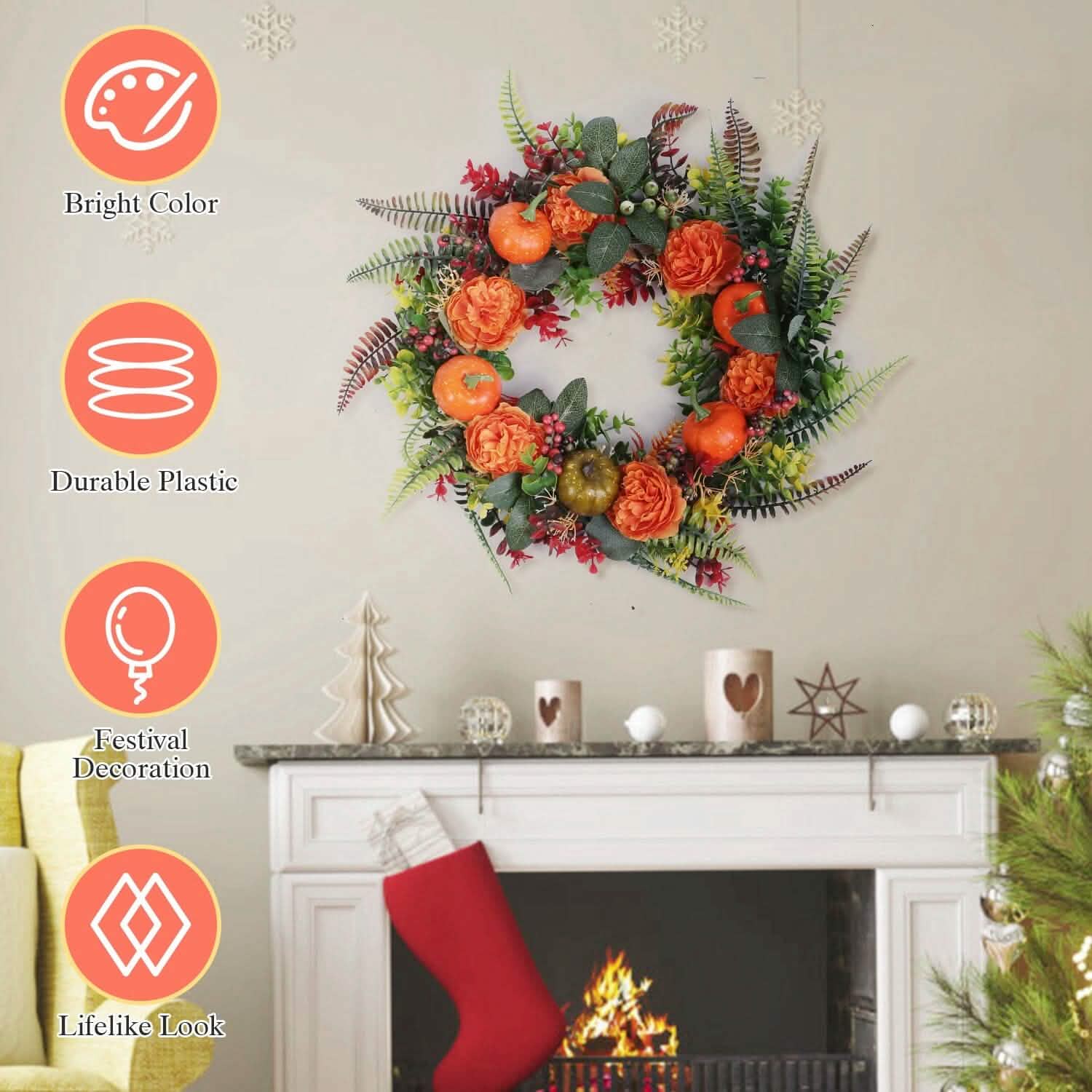 Autumn Wreath with Pumpkin Mixed Leaves Berries Flower Fall Holiday Decor & Apparel - DailySale