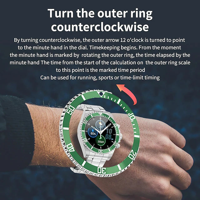 AW12 Smart Watch on wrist, "Turn the outer ring counterclockwise" text at top of image