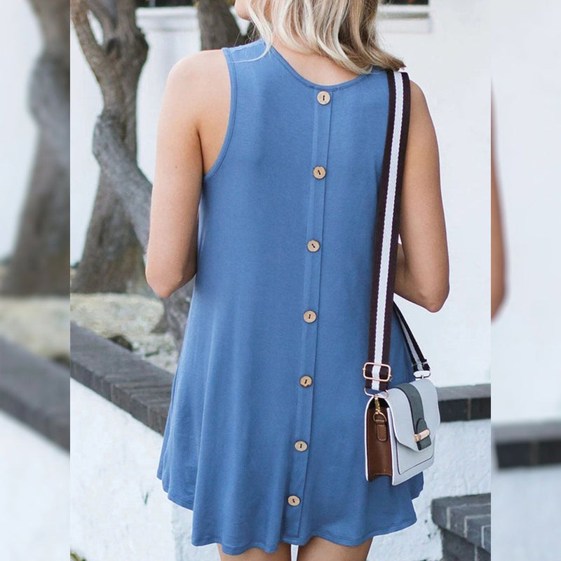 Back Round Neck Single-Breasted Sleeveless Solid Color Dress