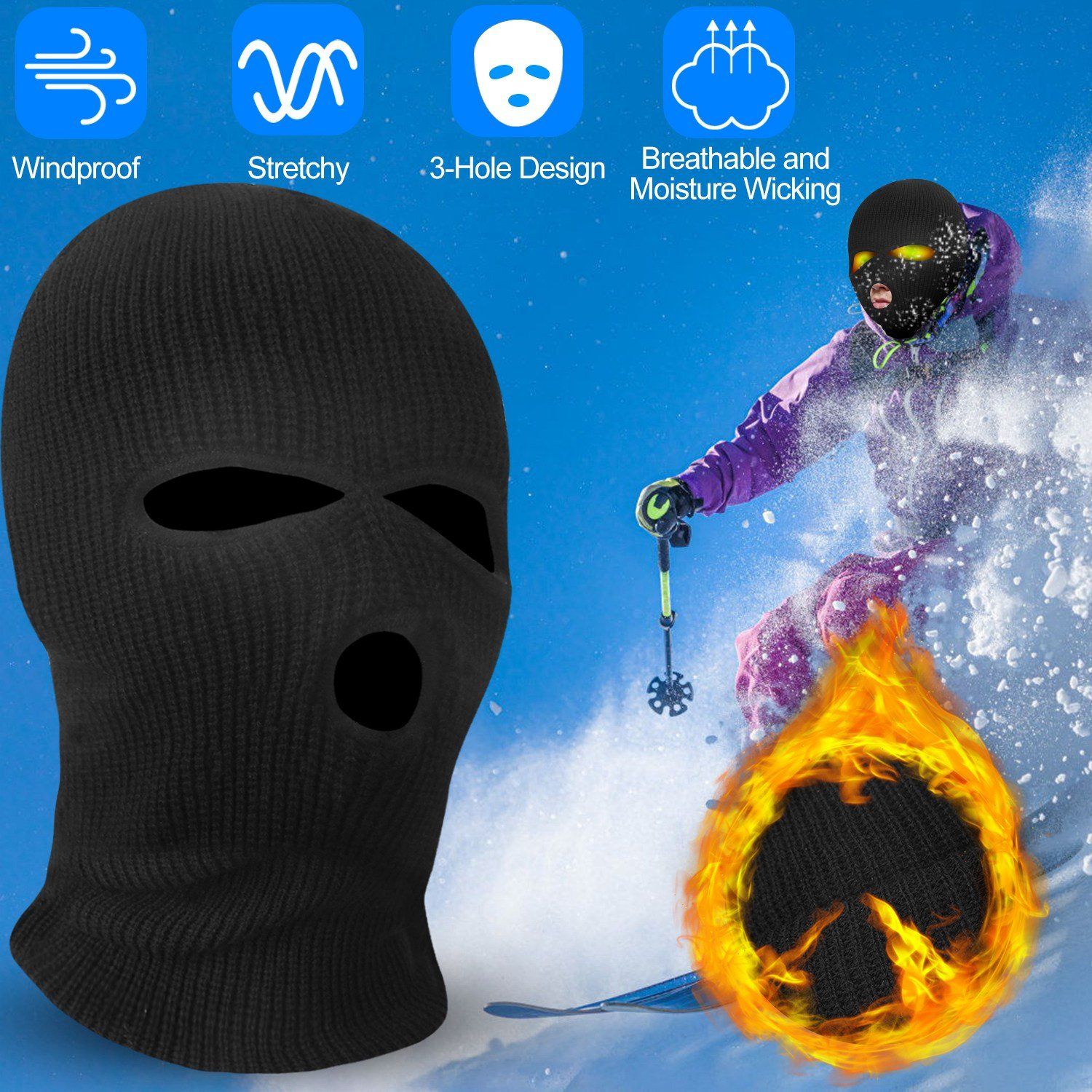 Balaclava Face Mask 3-Hole Knitted Windproof Ski Mask Full Face Cover Sports & Outdoors - DailySale