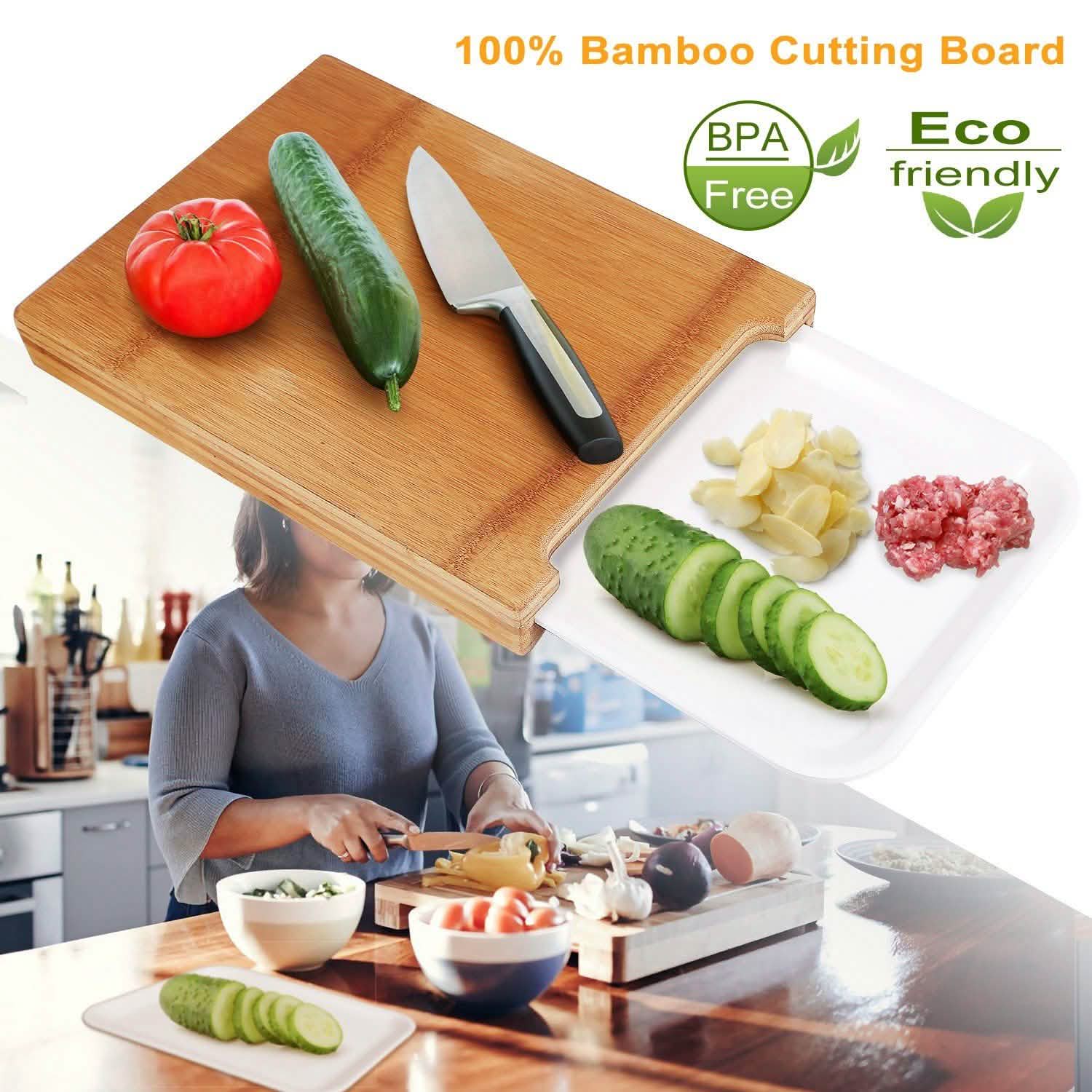 Bamboo Cutting Board with Sliding Draw Tray Kitchen & Dining - DailySale