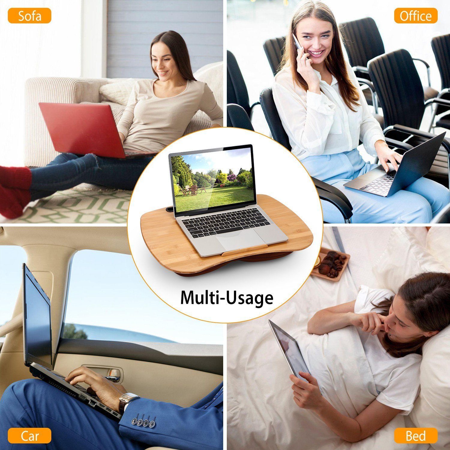 Composite picture showing the Bamboo Laptop Lap Desk with Pillow Cushion Stand Holder Table in the middle surrounded by a woman with a laptop on her lap, a girl reading an iPad on her bed, a man typing on a laptop in an airplace and a smiling woman reading from a laptop 