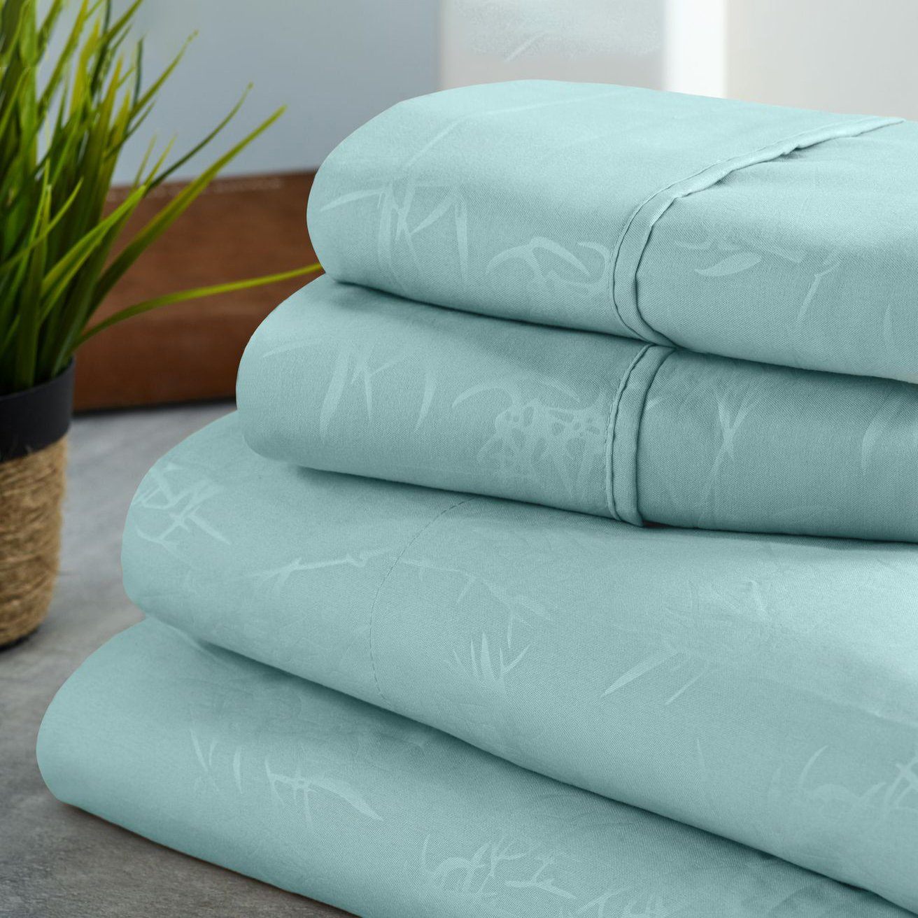 Bamboo Leaf Embossed Sheet Sets Bedding Aqua Twin - DailySale