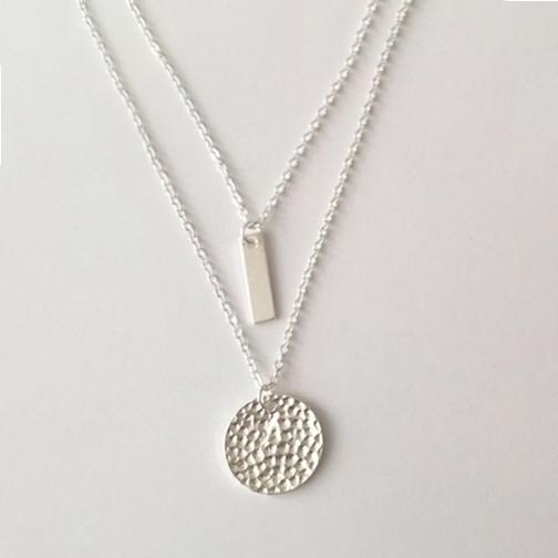 Bar and Hammered-Pendant Double-Layered Necklace