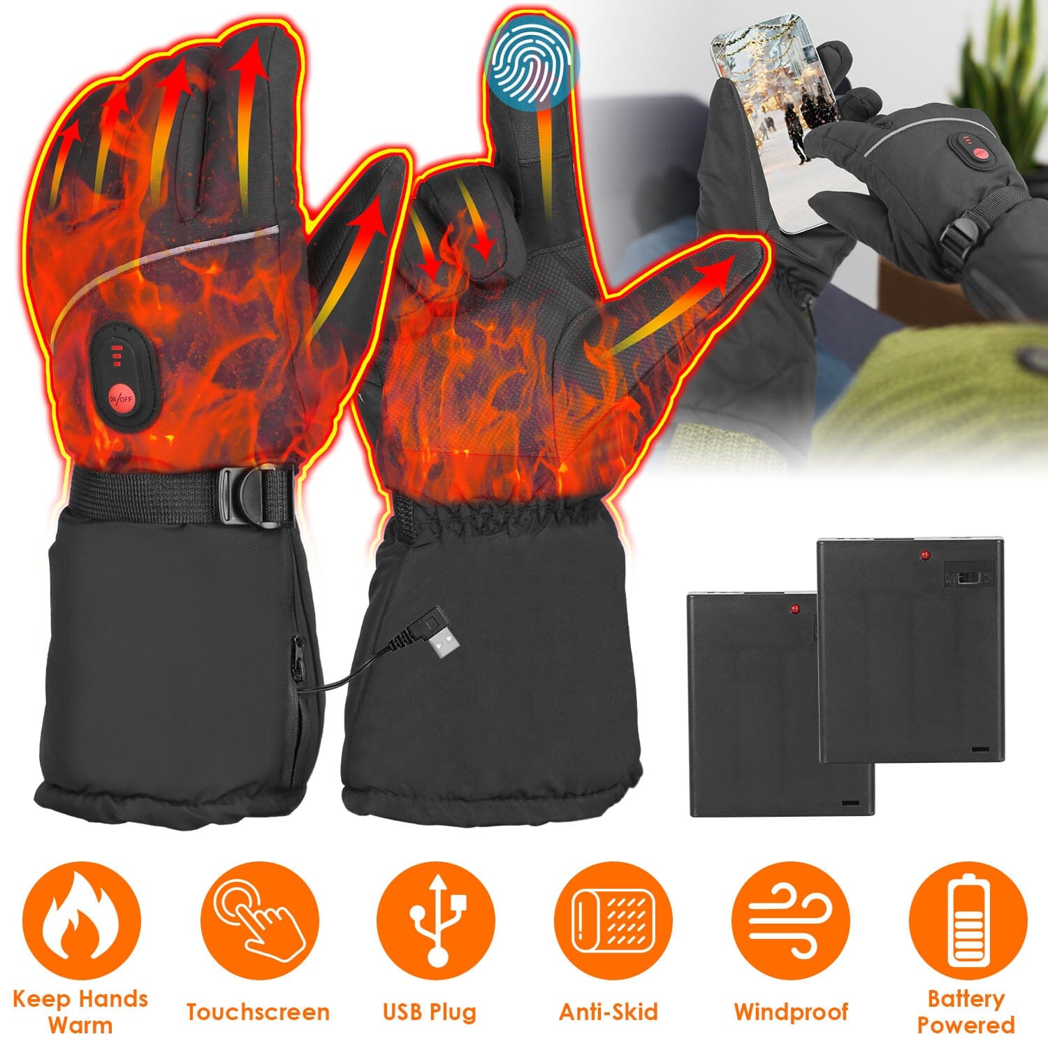 Battery Powered USB Touchscreen Thermal Gloves Sports & Outdoors - DailySale