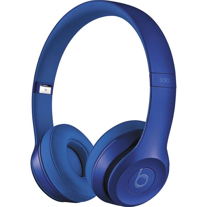 Angled view of Beats by Dr. Dre Solo 2 Wired On-Ear Headphone Solo2 (Refurbished) in sapphire blue
