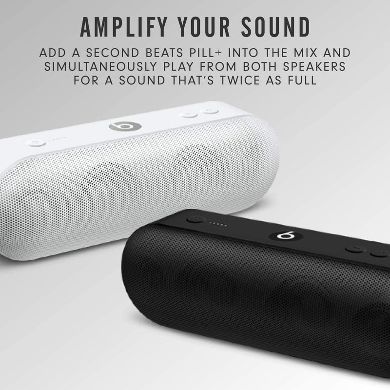 Black and white Beats by Dr. Dre Beats Pill Plus Portable Wireless Speakers (Refurbished) places at an angle from each other