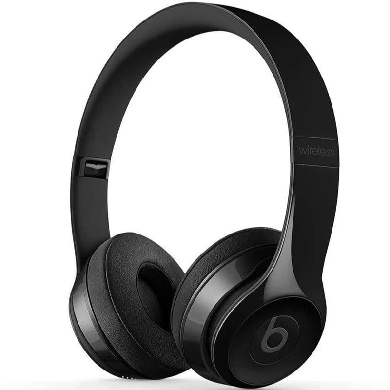 Angled front view of Beats Solo 3 Wired Headphones - Assorted Colors (Refurbished) in glossy black