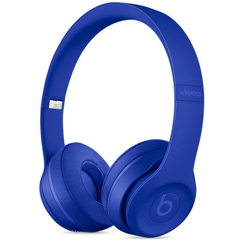 Angled front view of Beats Solo 3 Wired Headphones - Assorted Colors (Refurbished) in bright blue
