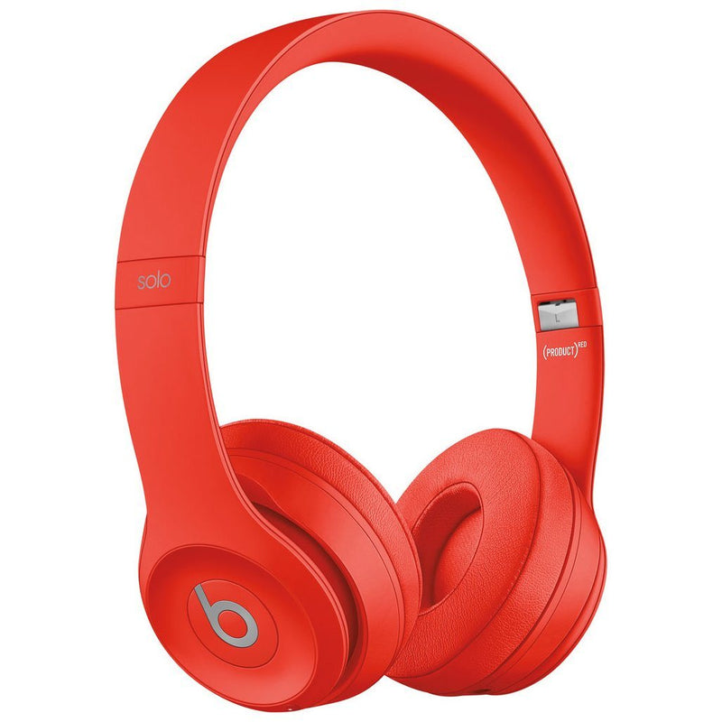 Angled right view of Beats Solo 3 Wired Headphones - Assorted Colors (Refurbished) in bright red