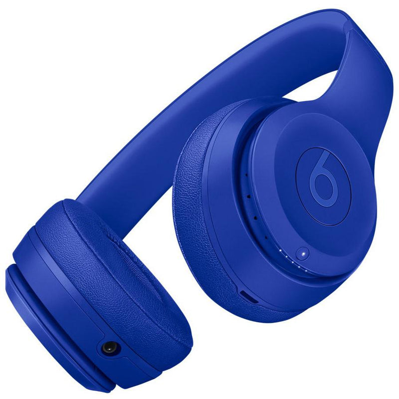 Angled rear view of Beats Solo 3 Wired Headphones - Assorted Colors (Refurbished) in bright blue