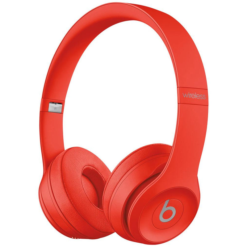 Angled front view of Beats Solo 3 Wired Headphones - Assorted Colors (Refurbished) in bright red