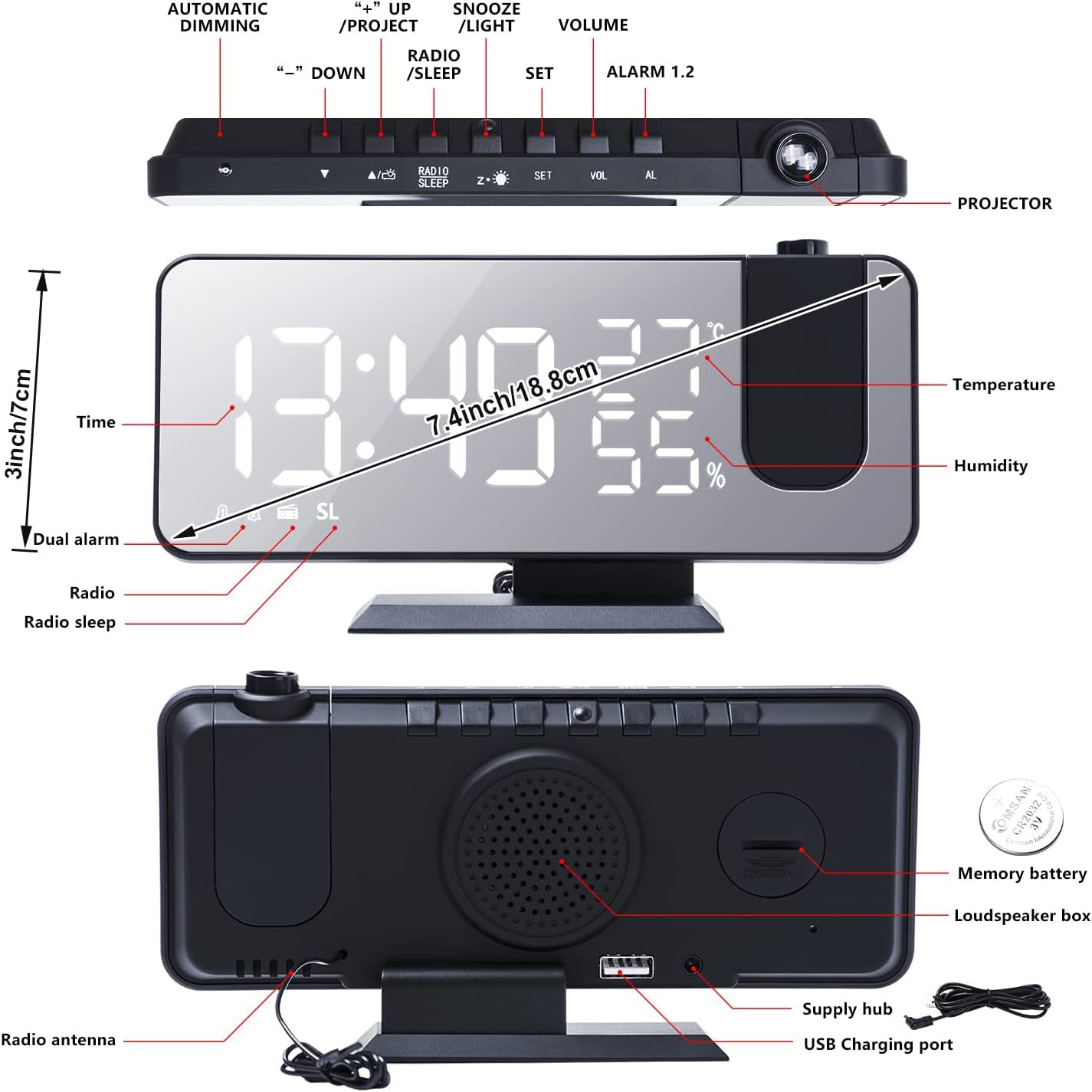 Bedroom Projection Digital Alarm Clock Household Appliances - DailySale