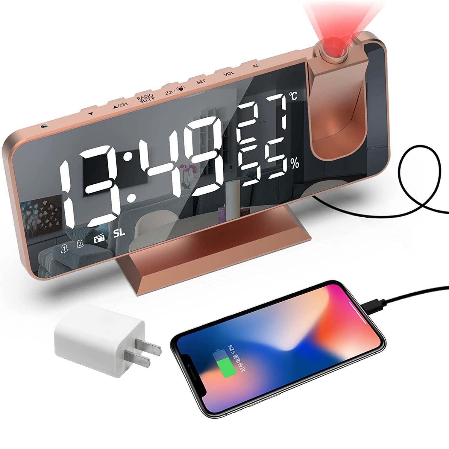 Bedroom Projection Digital Alarm Clock Household Appliances Rose Gold - DailySale