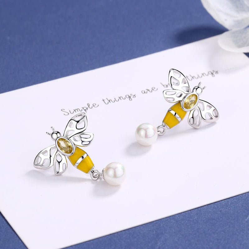 Bee Drop Earrings With Swarovski Pearl and Crystals Earrings - DailySale