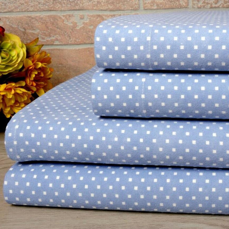 Bibb Home 100% Cotton Printed Flannel Sheet Set - Cozy, Soft, Deep Pocket Sheets Bedding Blue Dots Twin - DailySale