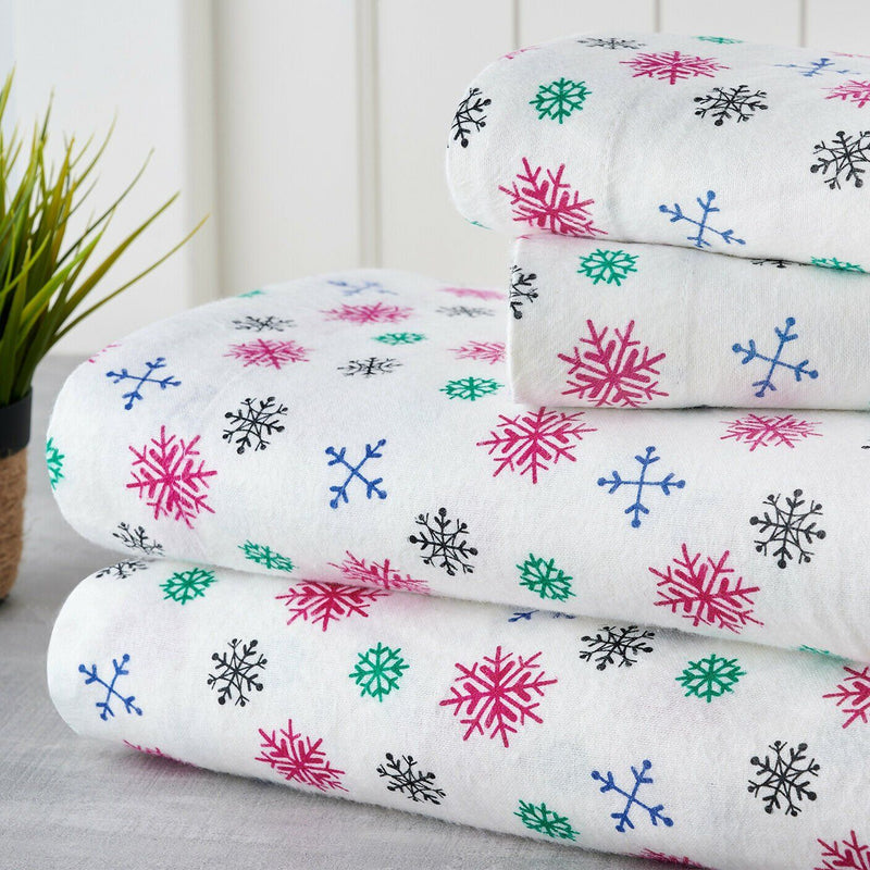 Bibb Home 100% Cotton Printed Flannel Sheet Set - Cozy, Soft, Deep Pocket Sheets Bedding Colorful Snowflakes Twin - DailySale
