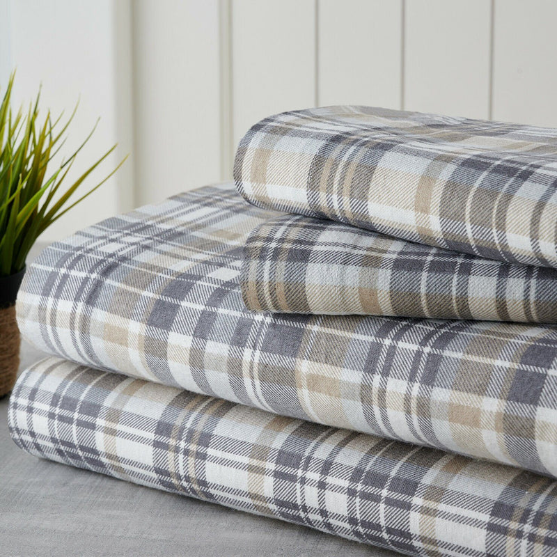 Bibb Home 100% Cotton Printed Flannel Sheet Set - Cozy, Soft, Deep Pocket Sheets Bedding Gray Plaid Twin - DailySale