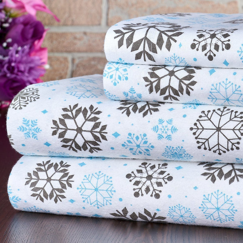 Bibb Home 100% Cotton Printed Flannel Sheet Set - Cozy, Soft, Deep Pocket Sheets Bedding Gray Snowflakes Twin - DailySale