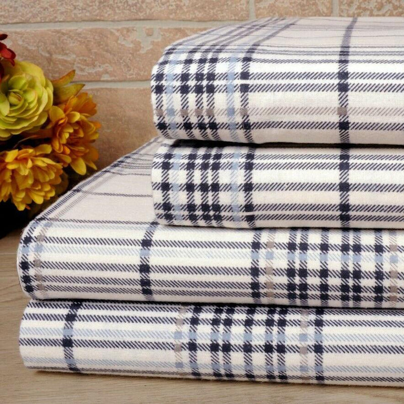 Bibb Home 100% Cotton Printed Flannel Sheet Set - Cozy, Soft, Deep Pocket Sheets Bedding Navy Stripes Twin - DailySale