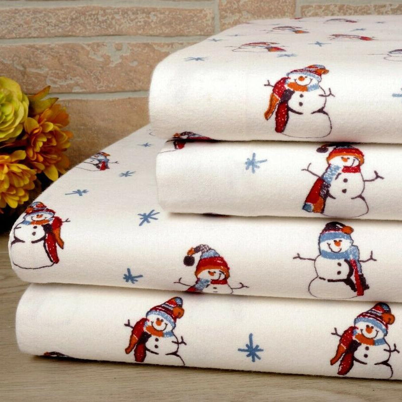 Bibb Home 100% Cotton Printed Flannel Sheet Set - Cozy, Soft, Deep Pocket Sheets Bedding Red Blue Snowman Twin - DailySale