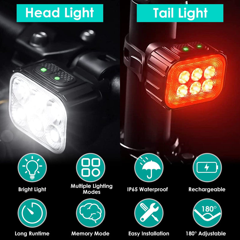 Bike Headlight TailLight IP65 Waterproof Anti-Drop Rechargeable Bicycle Light Set Sports & Outdoors - DailySale