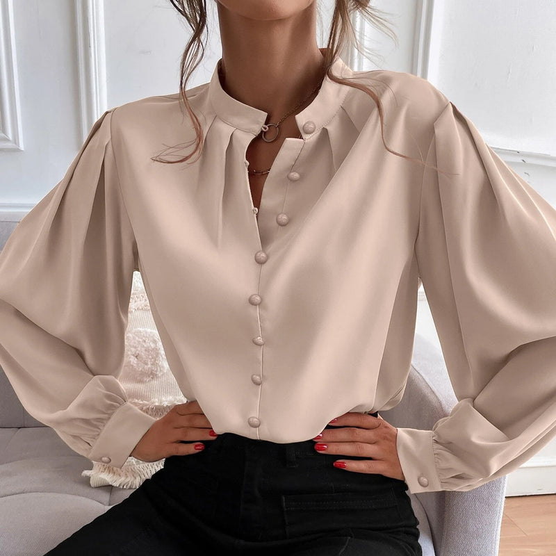 Bishop Sleeve Button Up Blouse Women's Tops Apricot S - DailySale