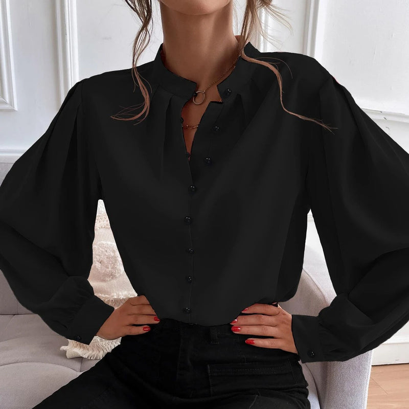 Bishop Sleeve Button Up Blouse Women's Tops Black S - DailySale