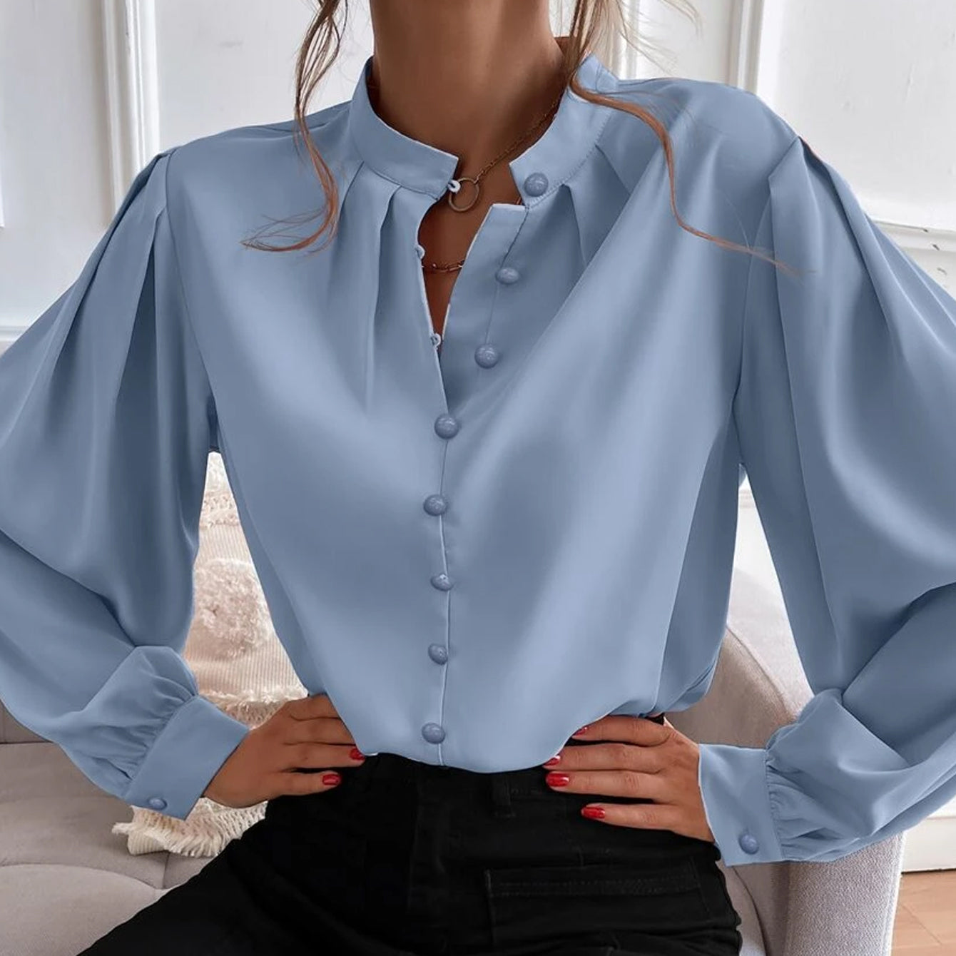 Bishop Sleeve Button Up Blouse Women's Tops Blue S - DailySale