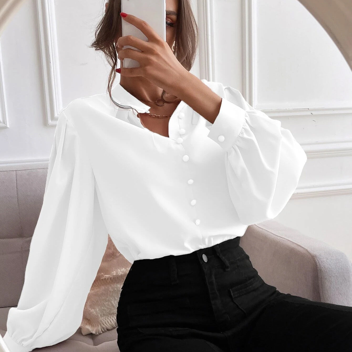 Bishop Sleeve Button Up Blouse Women's Tops - DailySale