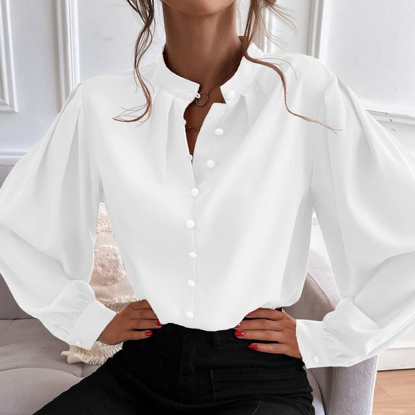 Bishop Sleeve Button Up Blouse Women's Tops White S - DailySale