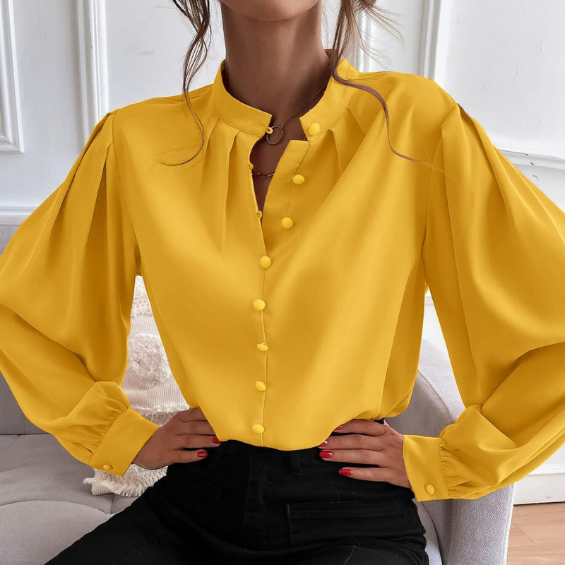 Bishop Sleeve Button Up Blouse Women's Tops Yellow S - DailySale
