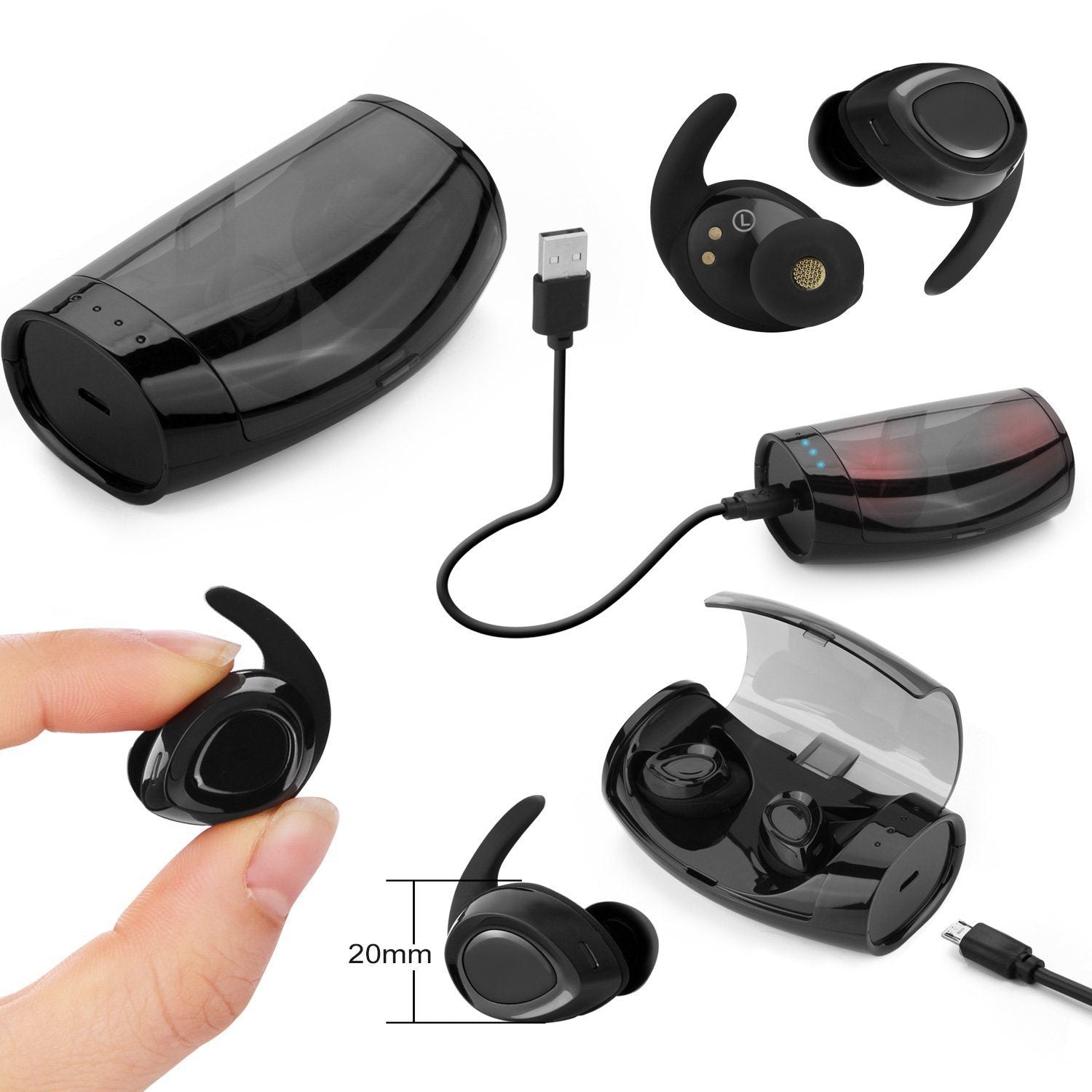 Black Mini Wireless Bluetooth Twins Earbuds Mic True Bass Stereo In-Ear TWS Earphones Headphones - DailySale