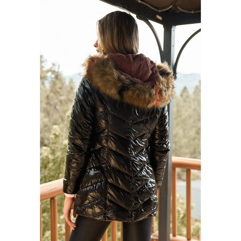 Black Vinyl Glossy Finish Fitted Faux Fur Hood Chevron Padded Puffer Jacket Women's Outerwear - DailySale