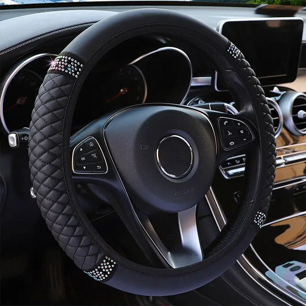 Bling Soft Leather Car Steering Wheel Cover Non-Slip Heat And Cold Protector Automotive Black - DailySale