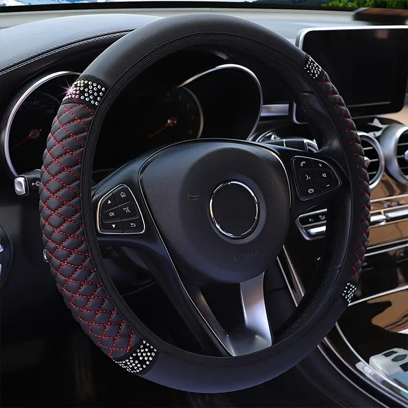 Bling Soft Leather Car Steering Wheel Cover Non-Slip Heat And Cold Protector Automotive Black/Red - DailySale