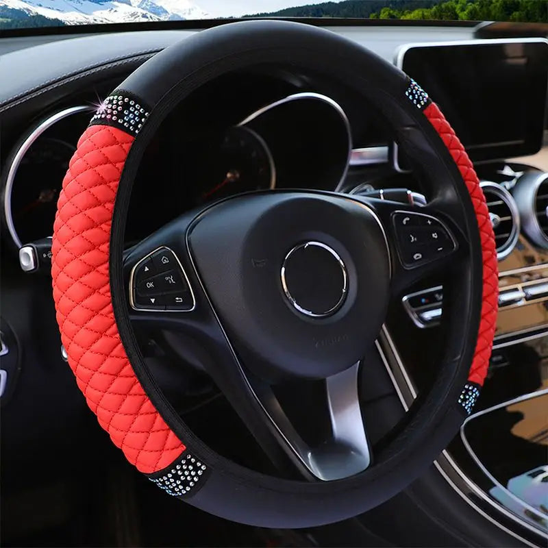 Bling Soft Leather Car Steering Wheel Cover Non-Slip Heat And Cold Protector Automotive Red - DailySale