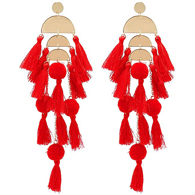 Boho Long Tassel Fringe Earrings Earrings Red - DailySale