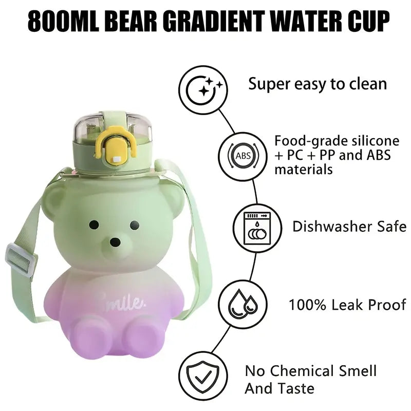 Kawaii Bear Water Bottle With Straw,portable Leak-proof Drinking Bottle  With Adjustable Shoulder Strap For Kids Girls Travel Gift
