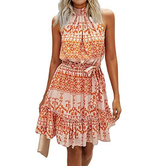 BTFBM Women Floral Casual Dresses Women's Clothing Color Block Orange S - DailySale