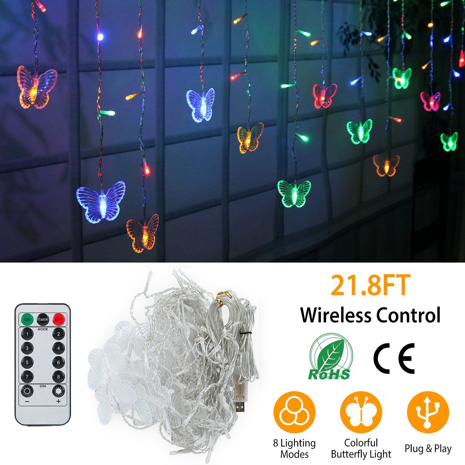 Butterfly Curtain String Lights USB Powered with 8 Modes 96 LED Remote Control String & Fairy Lights - DailySale