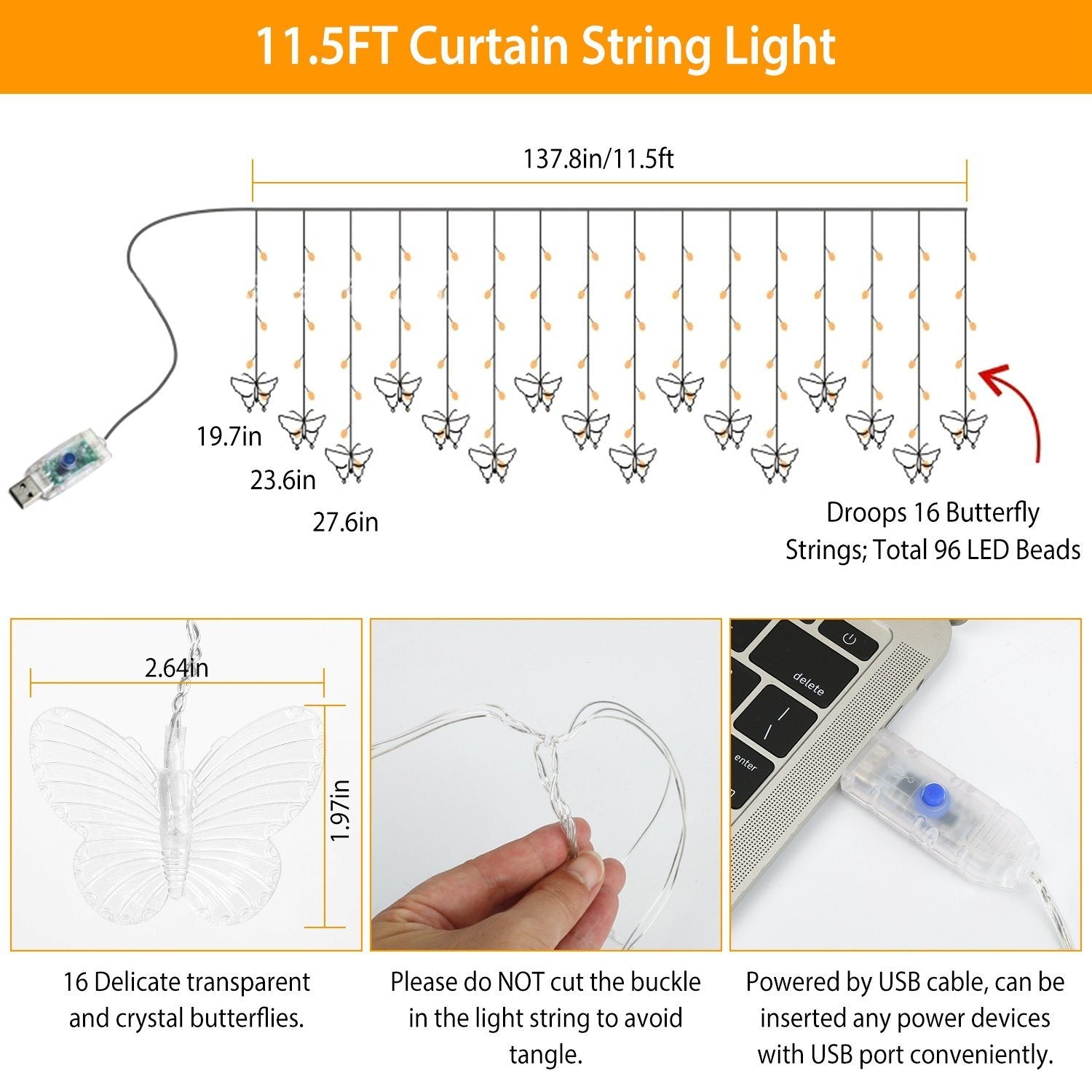 Butterfly Curtain String Lights USB Powered with 8 Modes 96 LED Remote Control String & Fairy Lights - DailySale