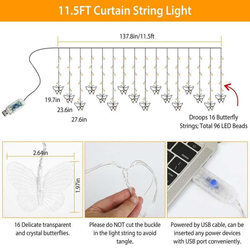 Butterfly Curtain String Lights USB Powered with 8 Modes 96 LED Remote Control String & Fairy Lights - DailySale