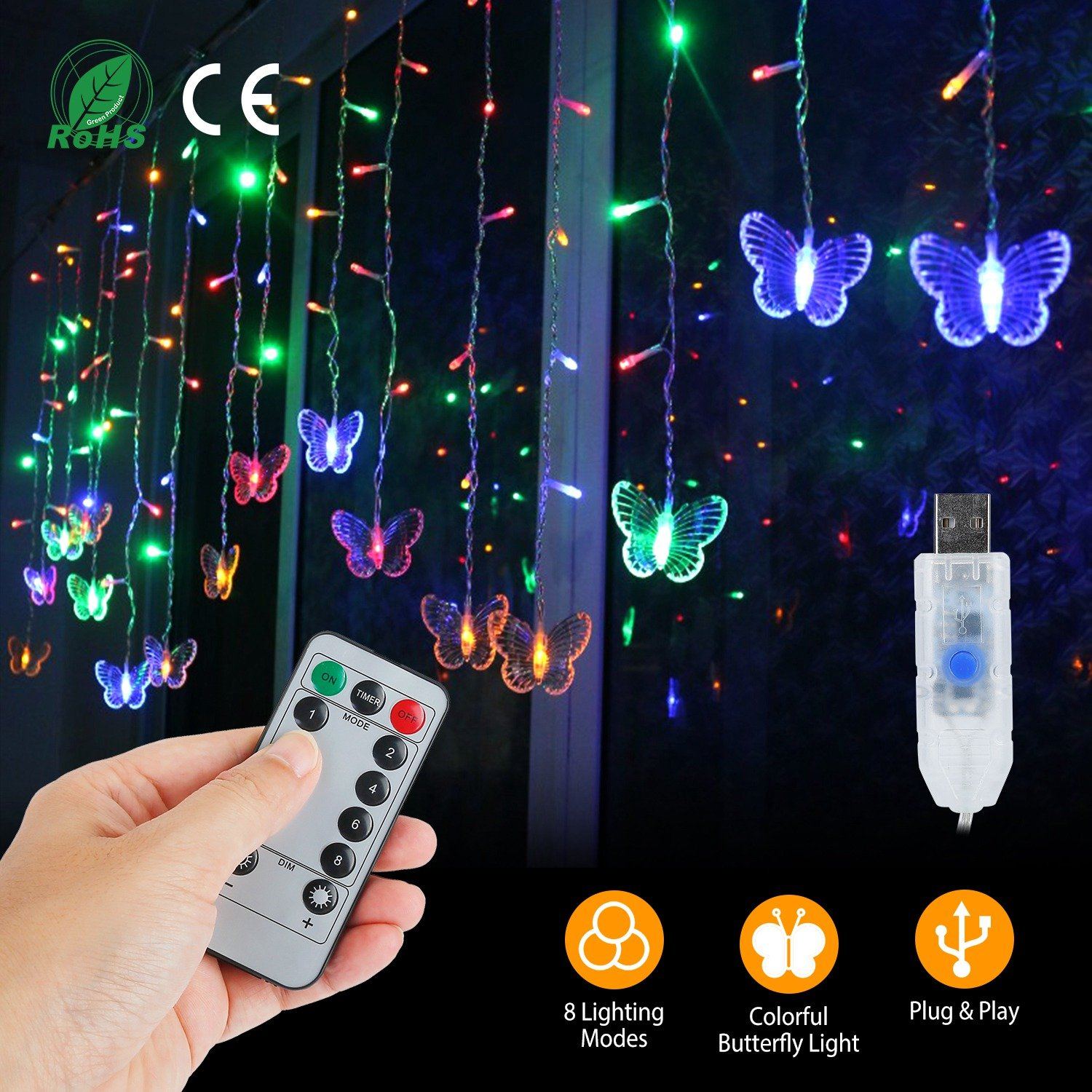 Butterfly Curtain String Lights USB Powered with 8 Modes 96 LED Remote Control String & Fairy Lights - DailySale