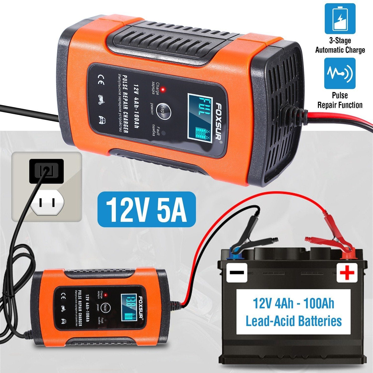 Car Battery Charger 12V 5A Recover Pulse Repair Automotive - DailySale