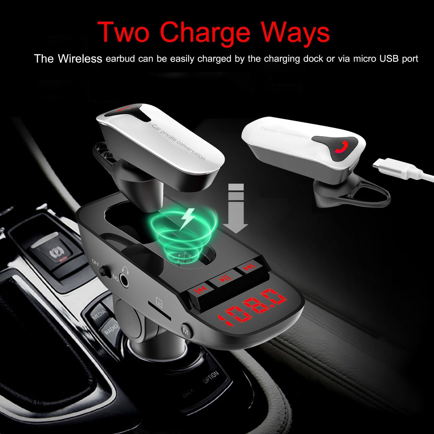 Car FM Transmitter with Wireless Earpiece 2 USB Charge Ports Automotive - DailySale