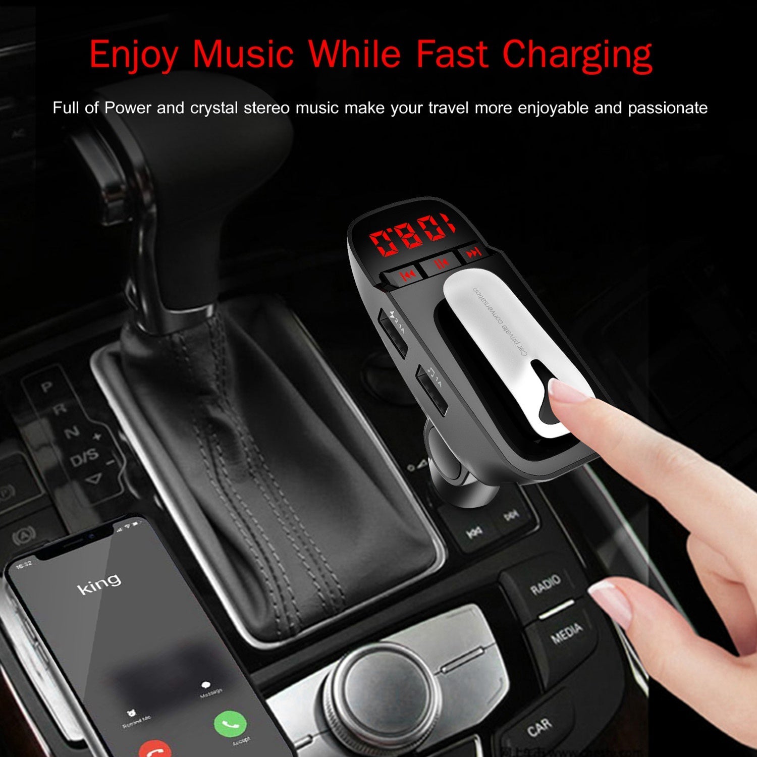 Car FM Transmitter with Wireless Earpiece 2 USB Charge Ports Automotive - DailySale