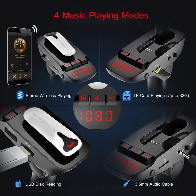 Car FM Transmitter with Wireless Earpiece 2 USB Charge Ports Automotive - DailySale