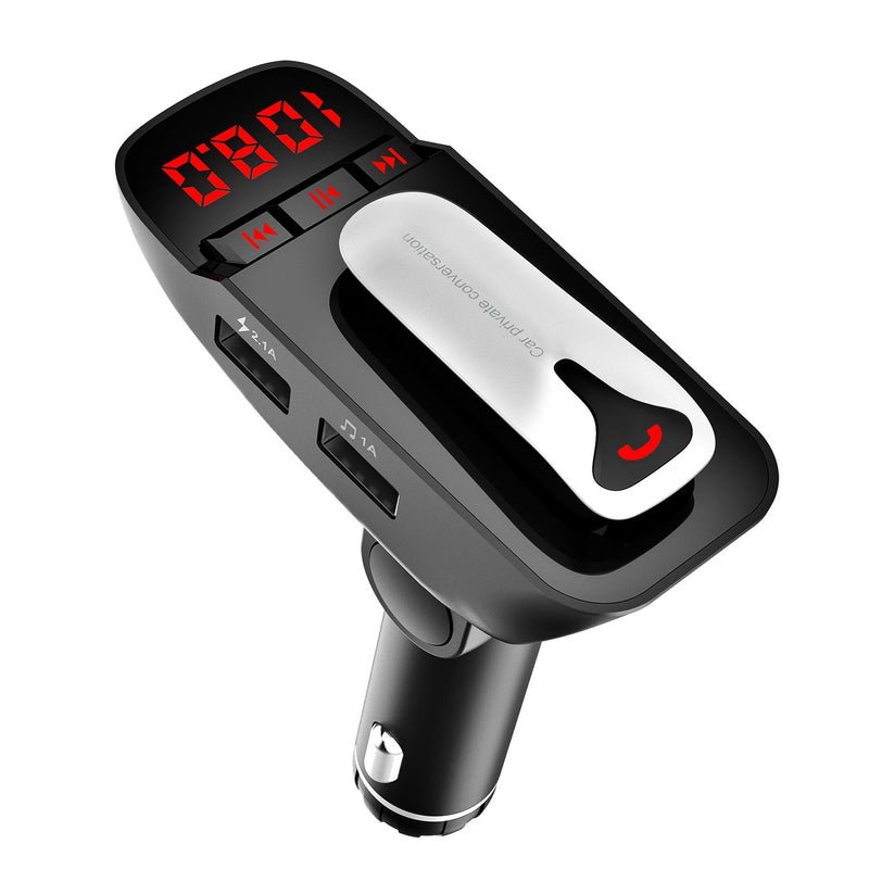 Car FM Transmitter with Wireless Earpiece 2 USB Charge Ports Automotive - DailySale